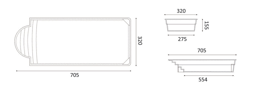 Glasfiberpool Aves 705 7.05 m x 3.20 m x 1.55 m